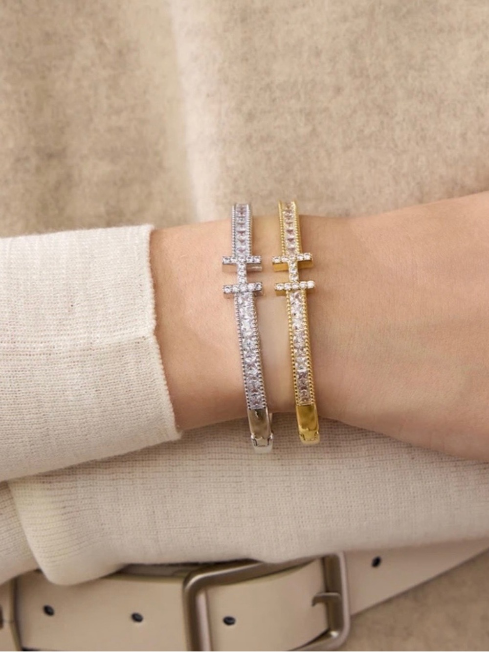 Crystal Pave Bar Cuff Bracelet Set - Silver and Gold